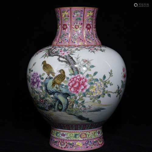 CARMINE RED FAMILLE ROSE BIRD & FLOWER VASE