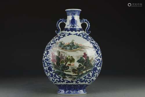 BLUE & WHITE FAMILLE ROSE LANDSCAPE MOONFLASK VASE