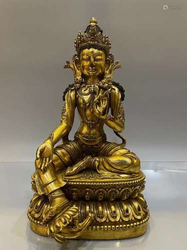 CHINESE GILT BRONZE BUDDHA OF GREEN TARA