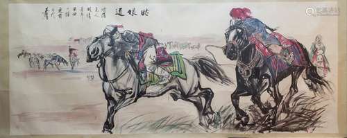 CHINESE PAINTING OF RIDING HORSES, HUANG ZHOU