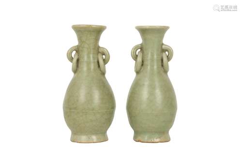 A PAIR OF CHINESE CELADON-GLAZED VASES.