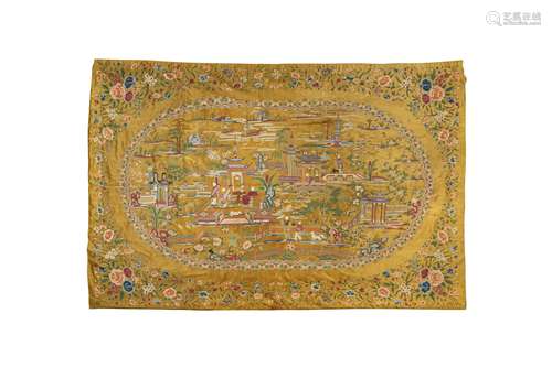 A VERY LARGE CHINESE YELLOW-GROUND FIGURATIVE EMBROIDERED SI...