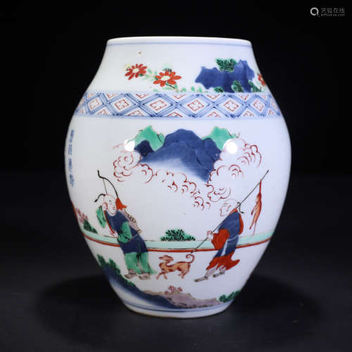 Blue and White Kiln Pot with Human Grain from Qing