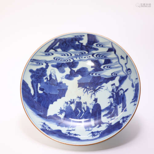 Blue and White Kiln Plate with Human Grain from Qing