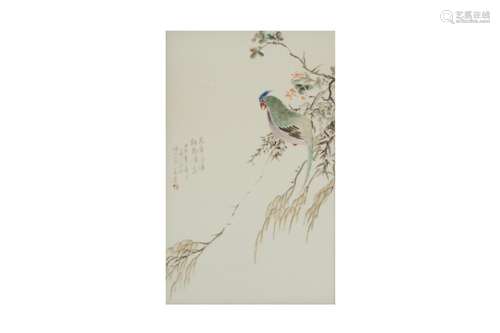 A CHINESE PORCELAIN 'PARAKEET' PANEL.