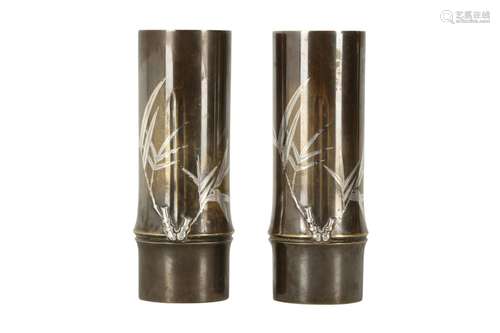 A PAIR OF JAPANESE MIX METAL ‘BAMBOO’ VASES.