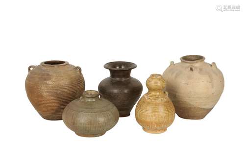 FIVE SOUTH-EAST ASIAN POTTERY JARS.