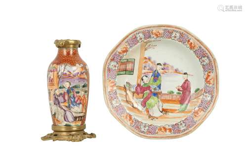 A CHINESE CANTON FAMILLE ROSE VASE AND AN OCTAGONAL DISH.