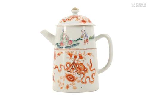 A CHINESE FAMILLE ROSE AND IRON-RED COFFEE POT AND COVER.