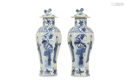 A PAIR OF CHINESE BLUE AND WHITE HEXAGONAL BALUSTER VASES AN...