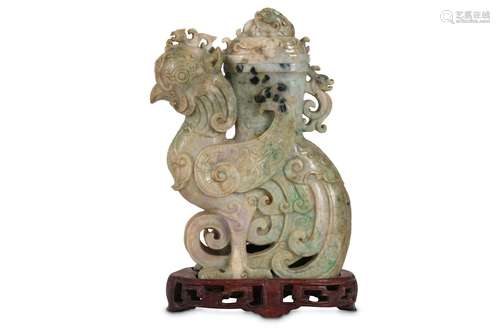 A CHINESE JADEITE ARCHAISTIC 'PHOENIX' VASE AND CO...