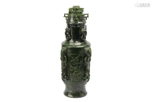 A LARGE CHINESE SPINACH-GREEN JADE VASE AND COVER.