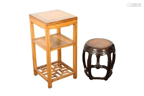 A CHINESE WOOD BARREL STOOL TOGETHER WITH A RECTANGULAR STAN...