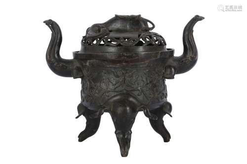 A CHINESE BRONZE 'ELEPHANT' INCENSE BURNER AND COV...