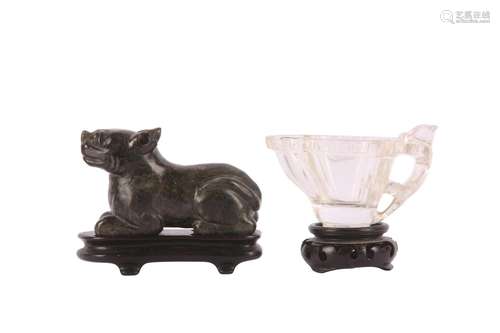 A CHINESE ROCK CRYSTAL POURING VESSEL AND A HARDSTONE FIGURE...