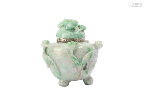 A CHINESE APPLE-GREEN JADEITE INCENSE BURNER AND COVER.