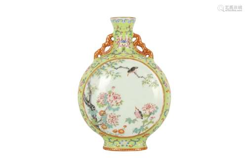 A CHINESE LIME GREEN GROUND FAMILLE ROSE MOON FLASK.