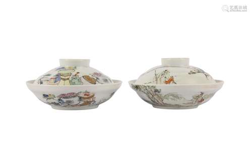 A PAIR OF CHINESE FAMILLE ROSE BOWLS AND COVERS.