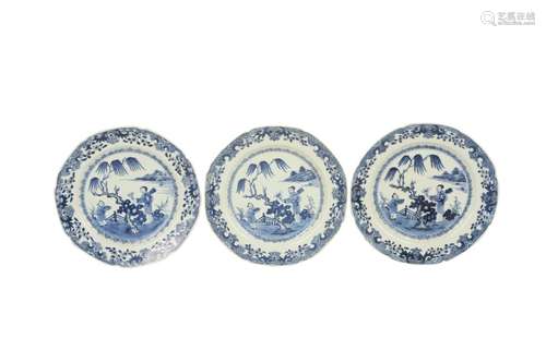 THREE CHINESE BLUE AND WHITE 'LADY AND BOY' DISHES...