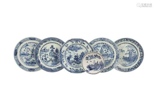 SIX CHINESE BLUE AND WHITE 'LANDSCAPE' DISHES.