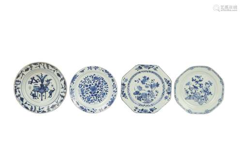 FOUR CHINESE BLUE AND WHITE DISHES.