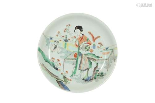 A CHINESE FAMILLE VERTE 'LADY AND BOY' DISH.