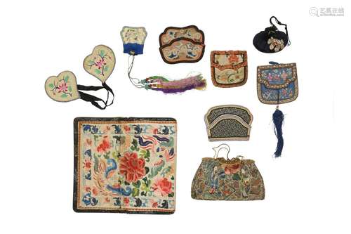 TWO SMALL CHINESE EMBROIDERED PURSES AND SEVEN SMALL POUCHES...