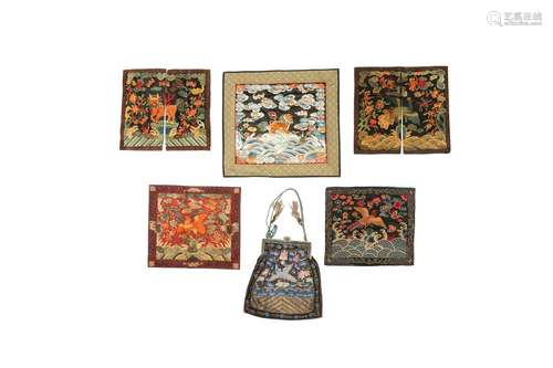 FIVE CHINESE RANK BADGES TOGETHER WITH A PURSE MADE FROM A P...