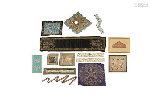 FOURTEEN PIECES OF CHINESE EMBROIDERIES. Qing Dynasty. Compr...