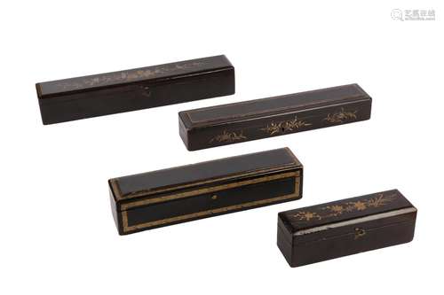 FOUR CHINESE BLACK LACQUER GILT-DECORATED FAN BOXES.