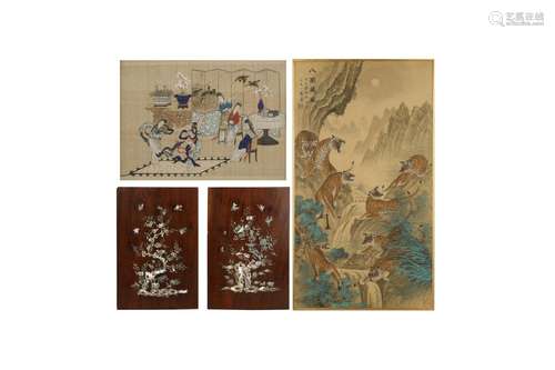 TWO CHINESE PAINTINGS AND A PAIR OF INLAID WOOD PANELS.