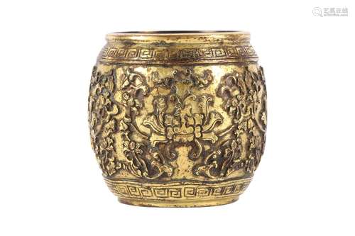 A CHINESE GILT-BRONZE MINIATURE 'BARREL' INCENSE B...