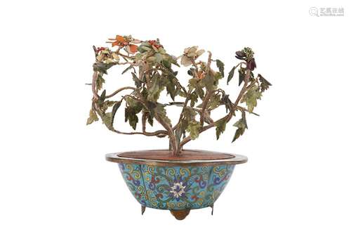 A CHINESE CLOISONNÉ ENAMEL JARDINIERE WITH HARDSTONE PLANTS.