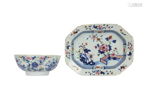 A CHINESE FAMILLE ROSE TUREEN STAND AND A PUNCH BOWL.