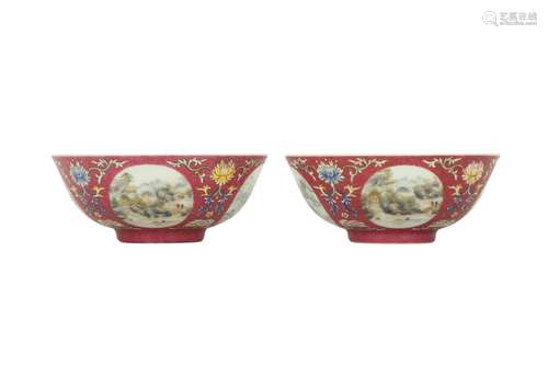 A PAIR OF CHINESE FAMILLE ROSE RUBY-GROUND 'MEDALLIONS&...