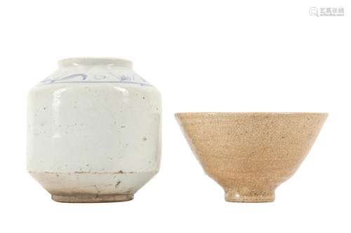 A CRACKLE-GLAZED CONICAL CUP TOGETHER WITH A KOREAN JAR.