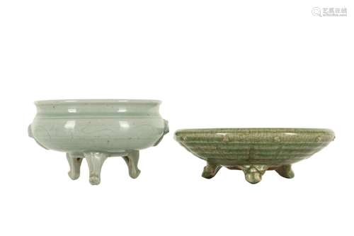 TWO CHINESE CELADON-GLAZED TRIPOD INCENSE BURNERS.