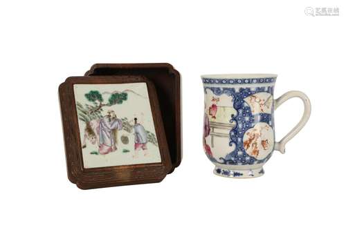 A CHINESE FAMILLE ROSE TANKARD AND A PORCELAIN-INSET WOOD BO...