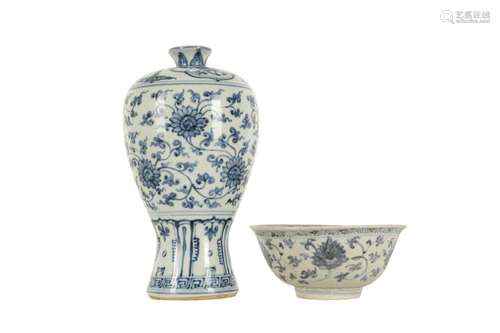 A CHINESE BLUE AND WHITE MEIPING VASE AND A BLUE AND WHITE B...