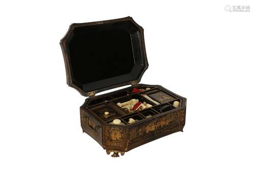 λ A CHINESE EXPORT BLACK AND GILT LACQUER SEWING BOX AND COV...