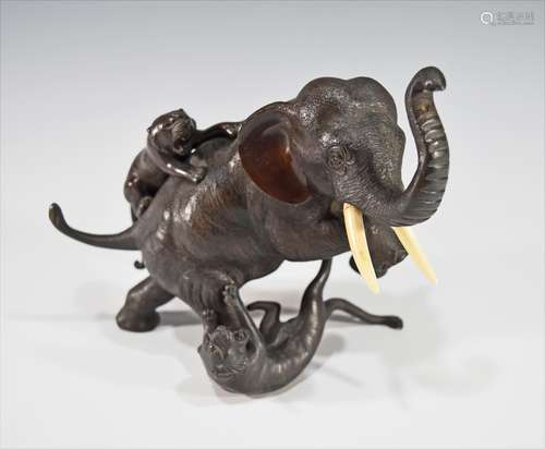 Japanese Bronze, Tigers Attacking Elephant, Meiji