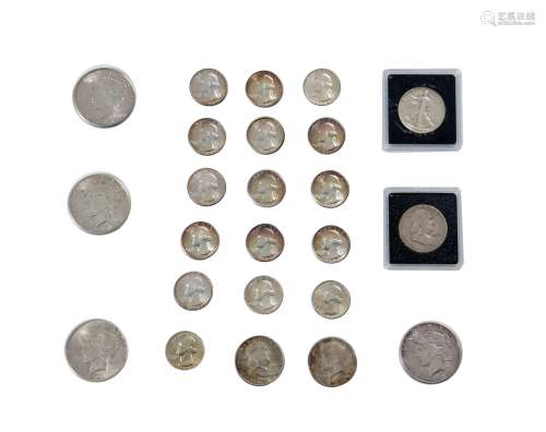 24 US Silver Coin Lot, Peace $1, Half's, Quarters