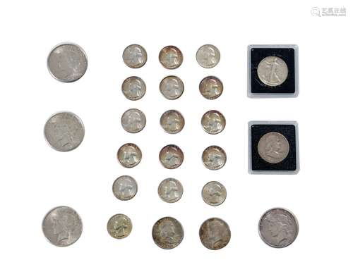 24 US Silver Coin Lot, Peace $1, Half's, Quarters