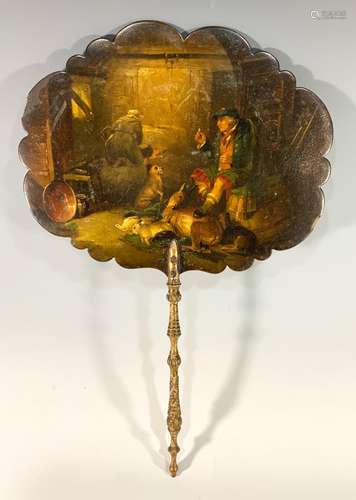 19th Century Painted Paper Mache Fan, Peasant Scene