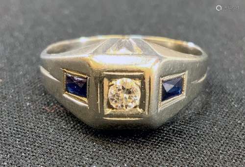 Art Deco 18K White Gold, Diamond and Sapphire Ring