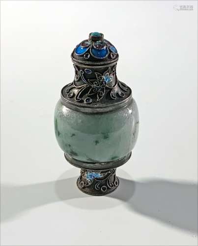 Chinese Jadeite, Silver and Enameled Snuff Bottle