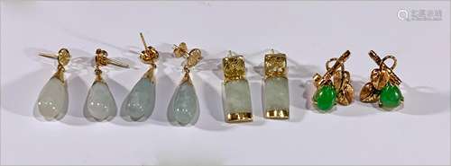 4 Pairs of 14K Gold and Jadeite Earrings