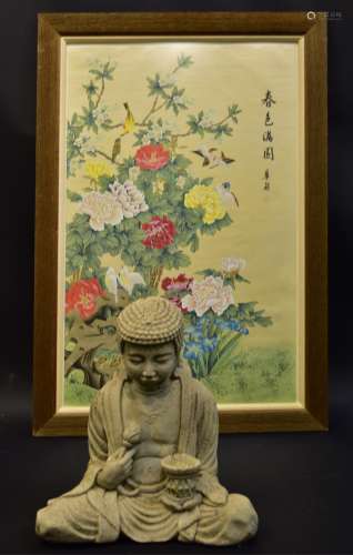Chinese Watercolor on Silk and Garden Buddha