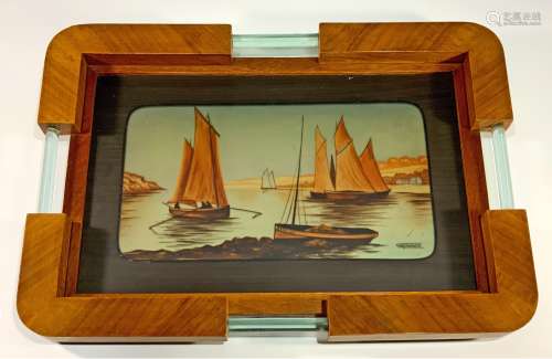 Art Deco Wood and Painted Glass Tray by Germonde