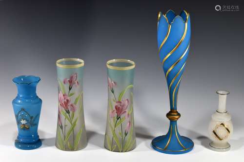 5 Pieces of Bristol and Hand Painted Glass Vases